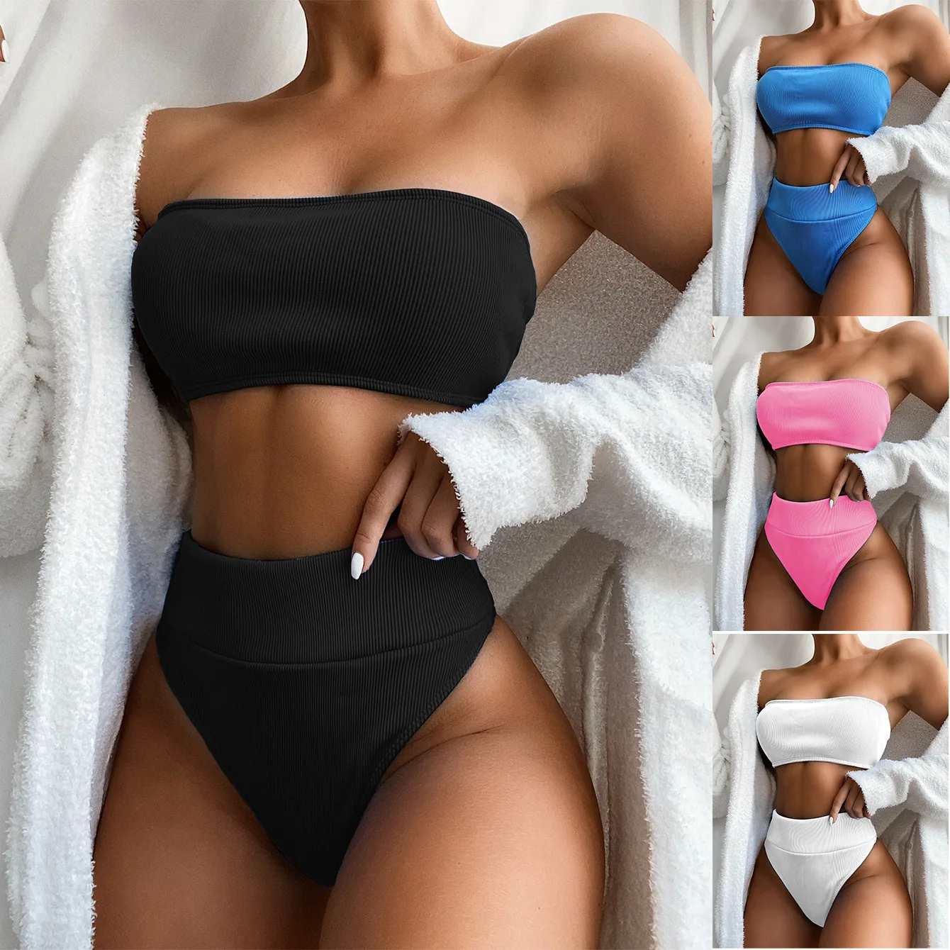 Women's Stylish Ribbed Bandeau Bikini Swimsuit With High Waist Perfect For Summer Seaside Trips And Trendy Swimwear