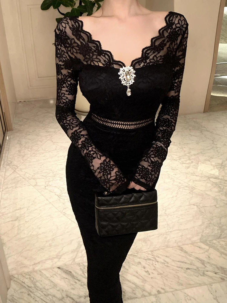 Moda abito di pizzo nero formale festa backless sottile maxi abito lungo donna sexy scollo a V manica lunga aderente abito da ballo abiti da donna