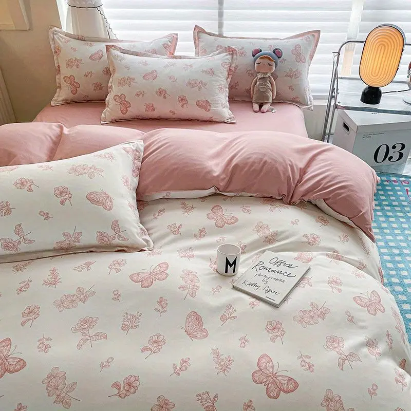 Korean Style Pink Bedding Set Twin Full Queen Duvet Cover Girls Floral Bed Flat Sheet Pillowcase Kawaii 180x220 Home Textile