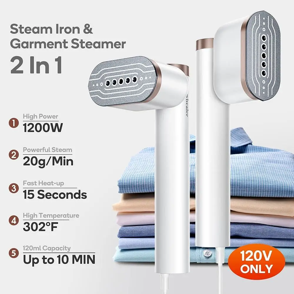 1200W Handheld Steamer Iron 2 in 1 Portable Vertical Horizontal Steam 15s Heat Up 2 Steam Levels 360 Leak Proof Removable Tank