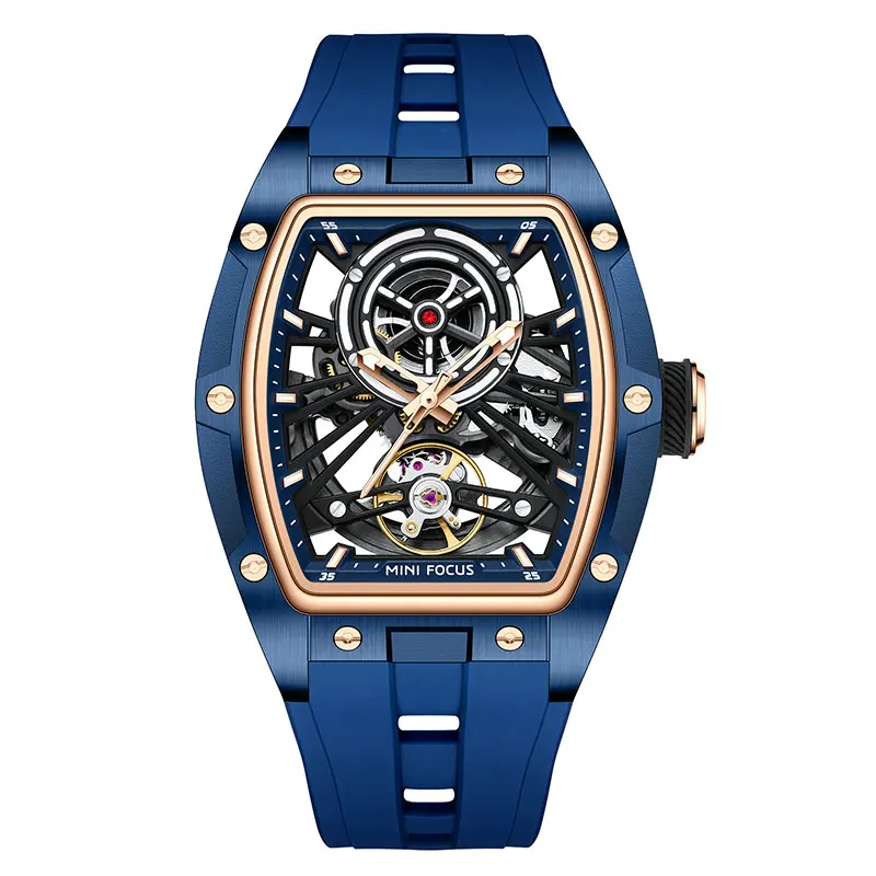 MINIFOCUS Men's Automatic Mechanical Watch Black Tonneau Dial Luminous Hands Silicone Band 9