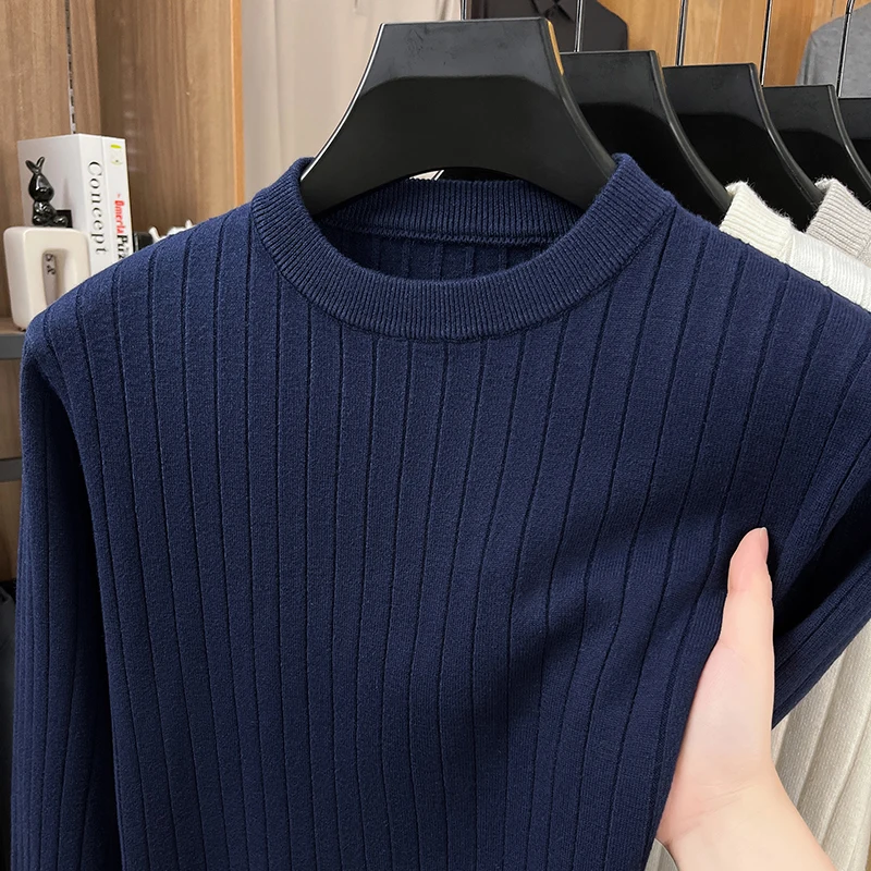 High Quality solid color men's new pullover autumn winter soft comfort casual striped jacquard knitting luxury fashion sweater