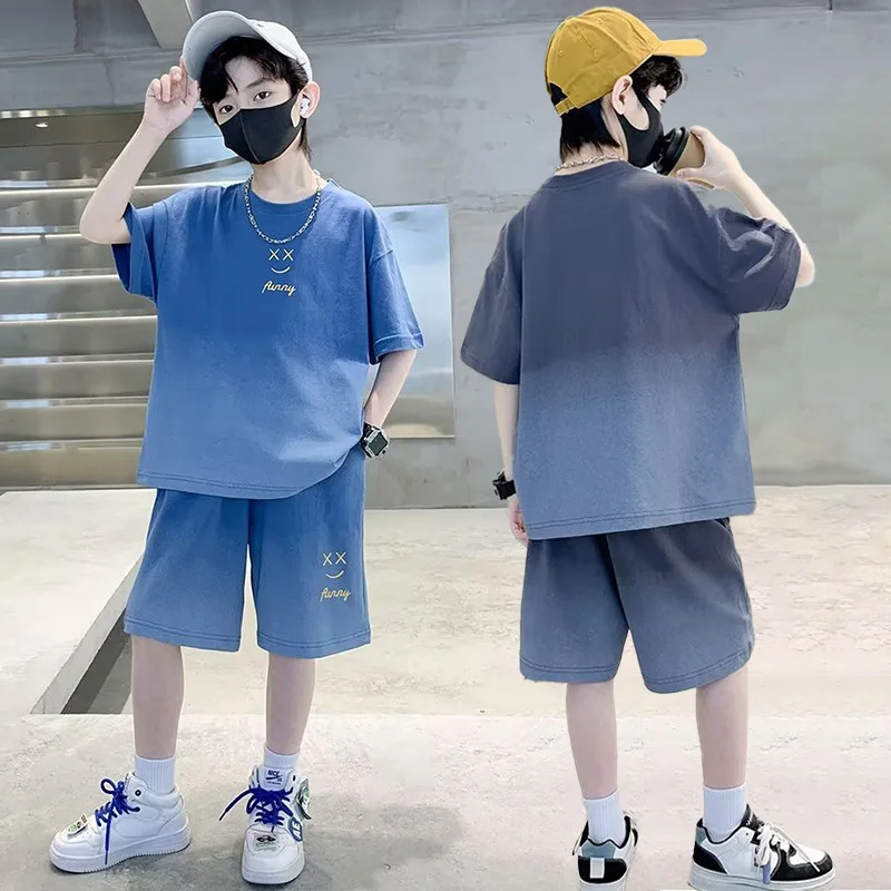 

Summer Boys Trendy Cool Gradient Color Short-sleeve Outfit 5-14 Years Casual Loose T-shirt +Shorts 2 Piece Kids Sports Suit