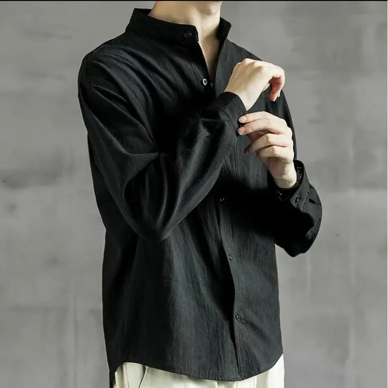 

Spring Autumn Men Solid Color Long Sleeve Shirt Thin Casual Loose Cotton Linen Dress Blouse Comfort