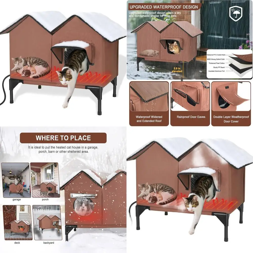 

Large Weatherproof Insulated Outdoor Cat Shelter with Heater, Elevated Bed and Escape Door for Multiple Cats