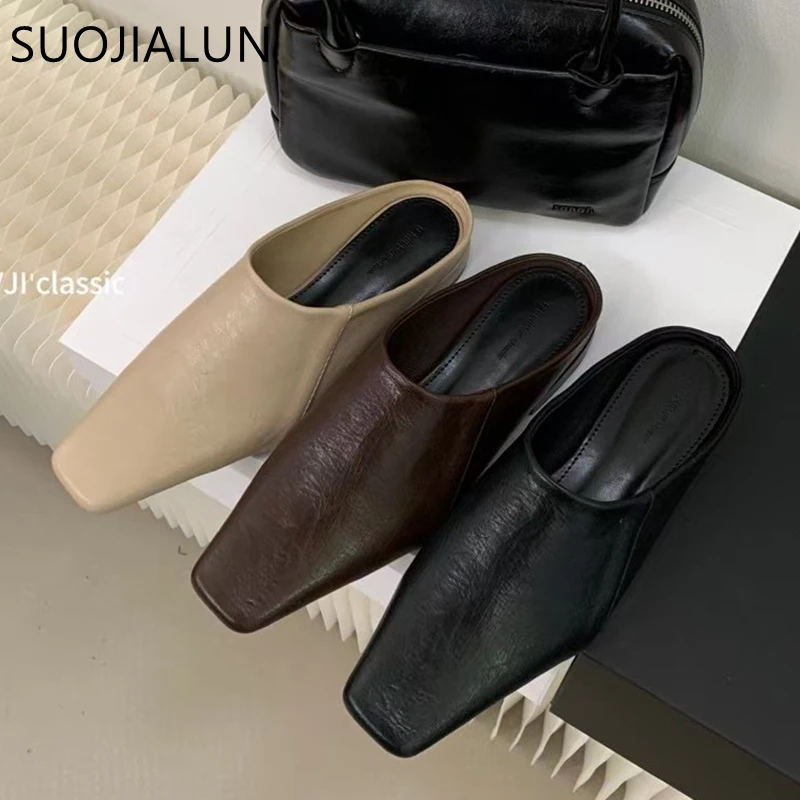 

SUOJIALUN 2025 Summer New Brand Women Slipper Fashion Square Toe Slip On Ladies Elegant Mules Shoes Soft Flat Heel Casual Slides