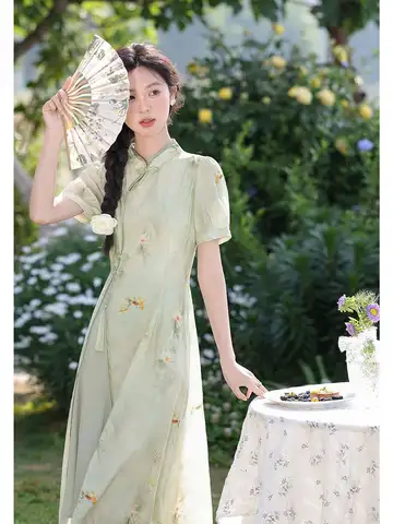 New Modern Chinese Style Waist Cinching Dress Qipao For Women 2024 Summer Temperament Short Sleeve Long Dresses Cheongsam