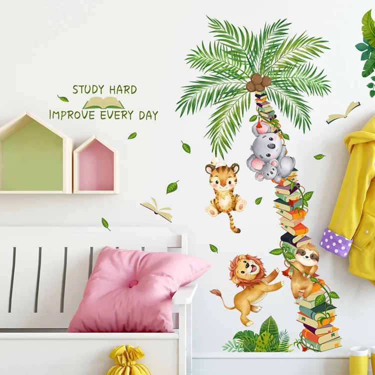 Cartoon-Tiere, Kokospalmen-Wandaufkleber, Kinderzimmer-Hintergrunddekoration, Wandbild, selbstklebende Aufkleber für das Babyzimmer, Heimdekoration. – Detail 2