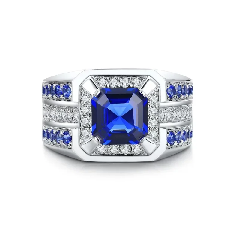 Ruihe New Hot Sale 925 Silver 2.96ct Lab Grown Sapphire Gemstone with Simulated Diamond Zirconia Men's Ring Jewelry Fashion Gift