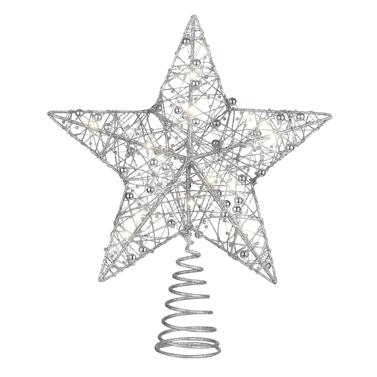 

Christmas Tree Topper Star Silver Glitter Powder Rustproof Iron Wire Spring Base Warm White LED Light Decoration for Party and