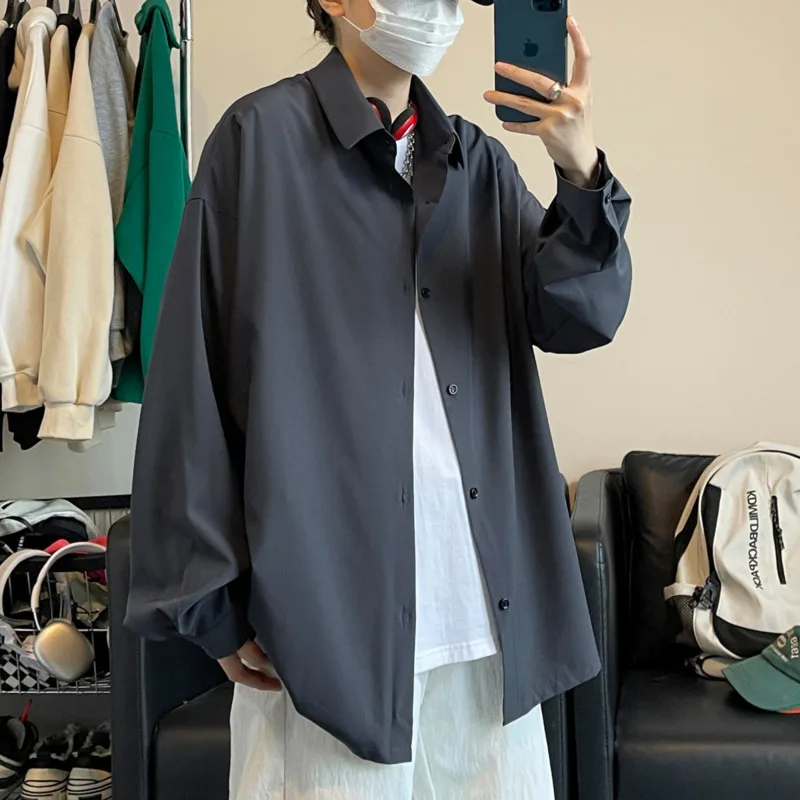 

White Long Sleeved Shirt Men Fashion Society Mens Black Dress Shirt Korean Loose Ice Silk Shirt Mens Oversized Casual Shirts