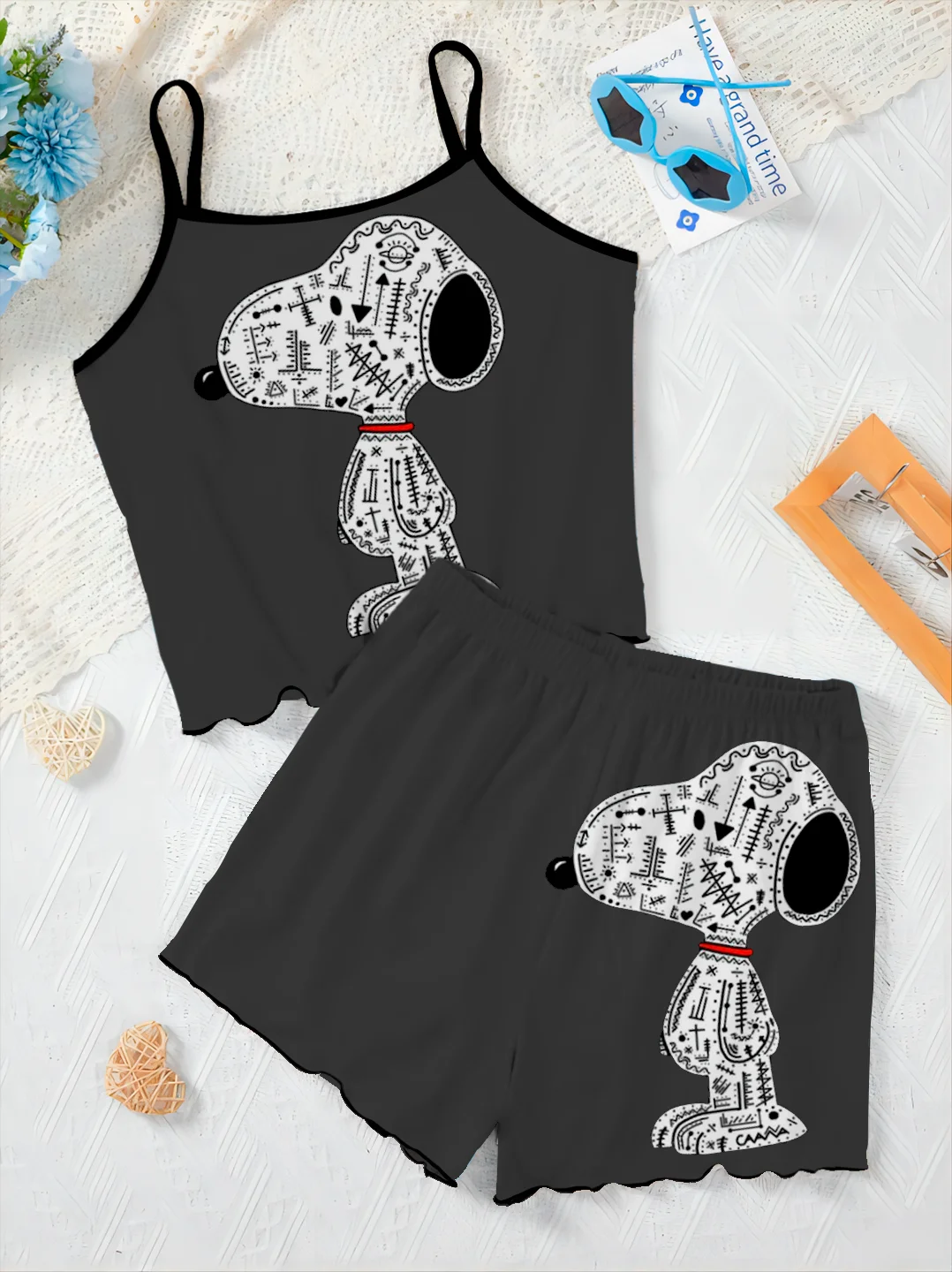 Women's Suit Two Piece Set Disney Lettuce Trim Short Sets Top Snoopy T-shirt Slip Dress Pieces Elegant Bottom Disney Home Dress