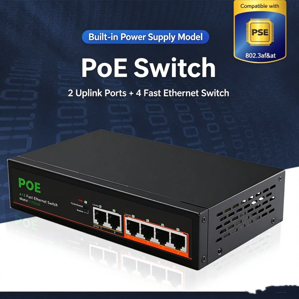 6-Port 10/100Mbps PoE Switch, 4 PoE Ports + 2 Uplink Ports, Built-in Power Supply, No PoE Splitter Required for CCTV Cameras