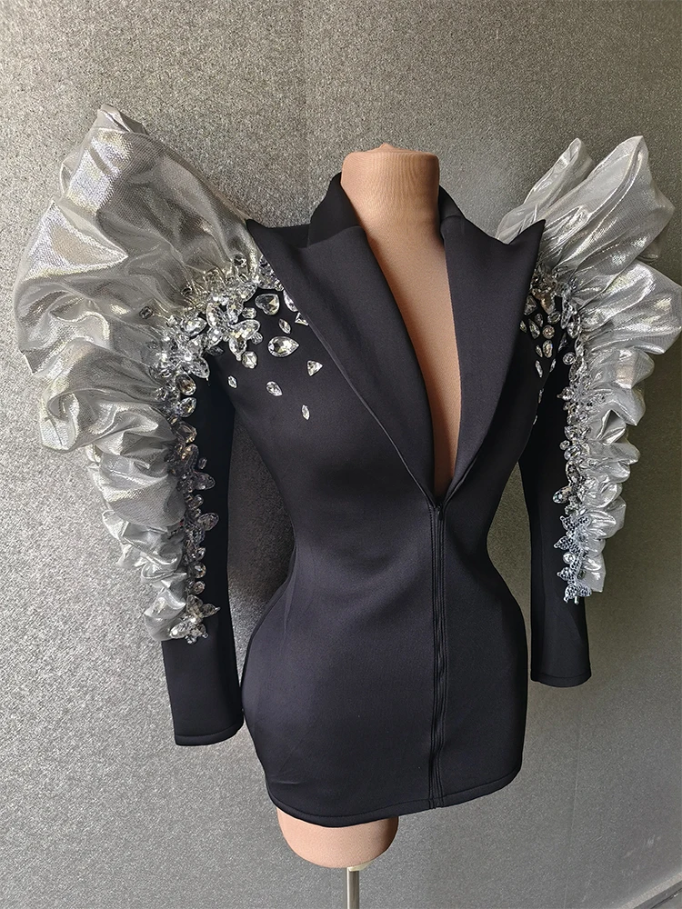 

Ladies Black Suit Design Shiny Rhinestone Performance Dress Singer Dj Ds Nightclub Bar Party Stage Costume Drag Queen Costume