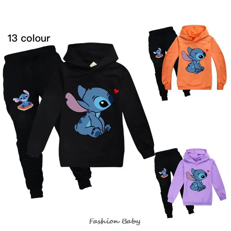 2Pcs Set New Stitch Children Clothing Boys Girls Hoodies +Pant Set Sweatshirt Toddler Age 3-12 Black Coat Spring Autumn Printing