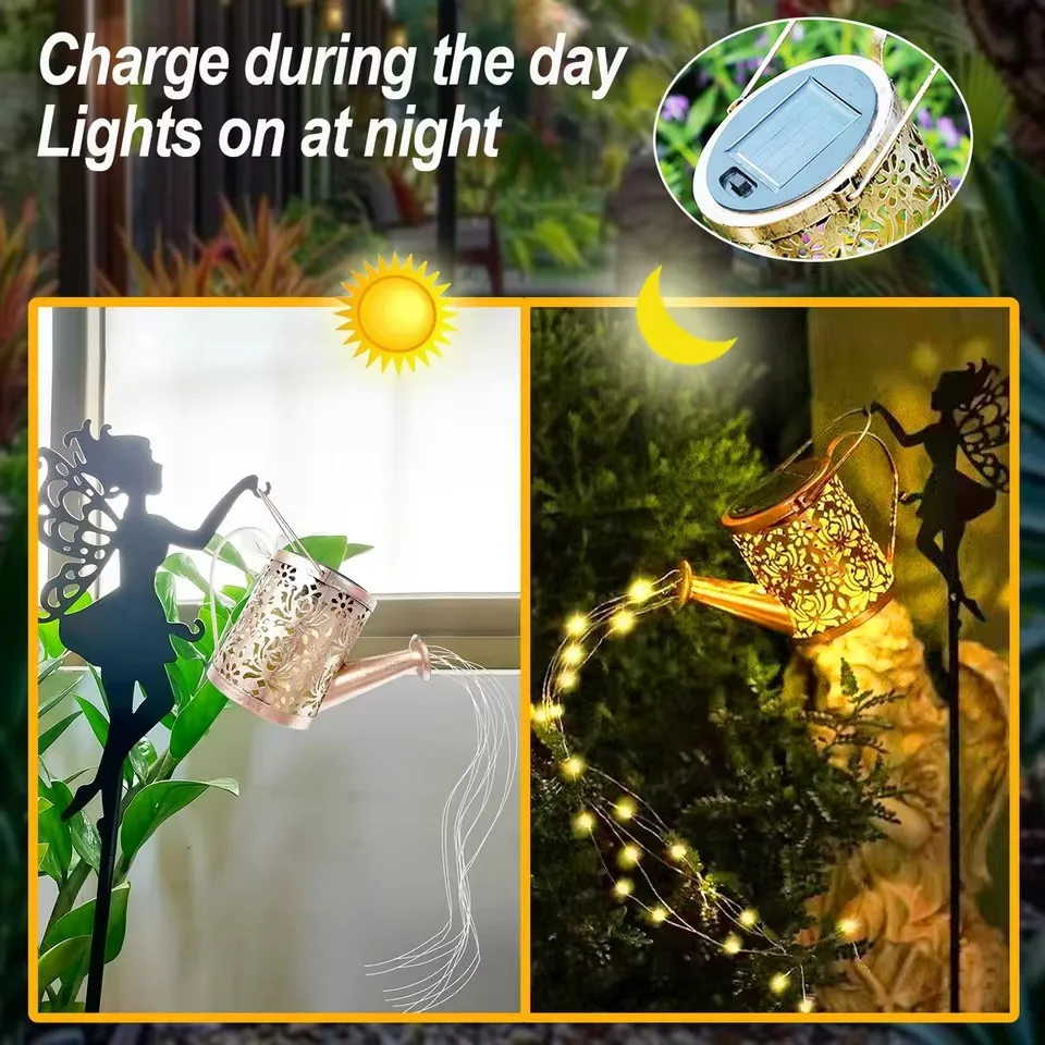Solar Fairy Watering Pot Lamp Solar Outdoor Fairy Waterfall Lamp Metal Garden Decoration Outdoor Solar Hanging Water Pot Lamp Waterproof Villa Courtyard Decoration IP65 | Suitable for Gardens, Courtyards, Lawns and Courtyard Decorations