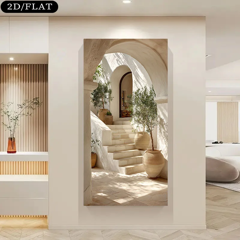 1 قطعة كبيرة شجرة زيتون البحر الأبيض المتوسط خطوات قماش طباعة الحديثة البيج الأبيض اليونانية جزيرة المشهد الجدار ملصق فني للديكور المنزل #3