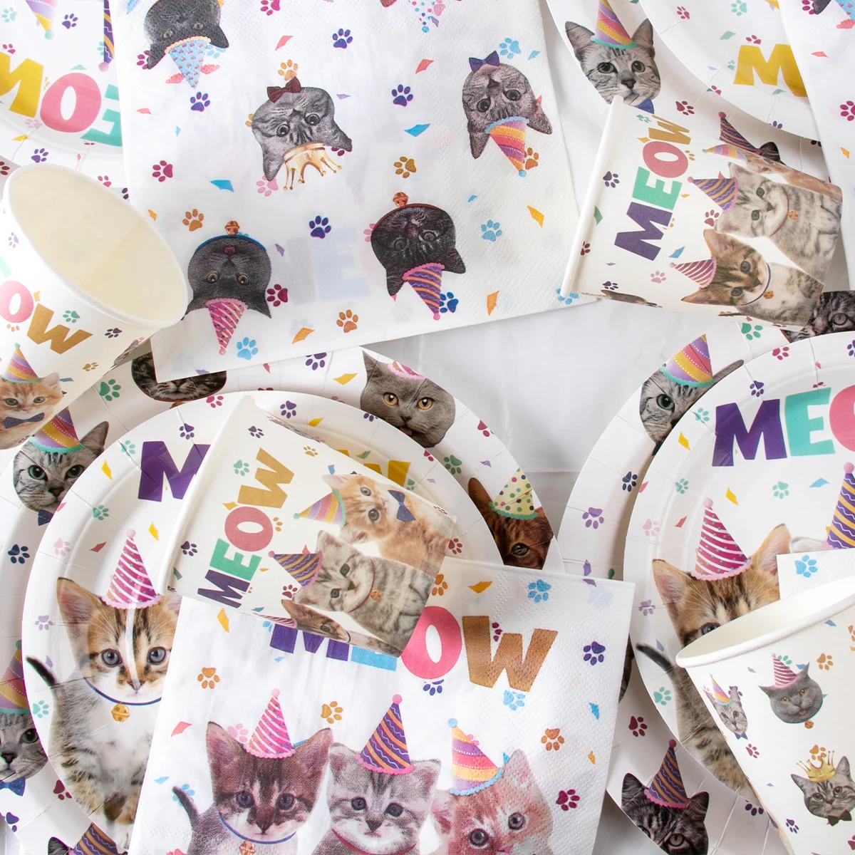 Pet Cats Birthday Party Decoration Paper Banner Plate Cup Cake Topper Disposable Tableware Set Kids Cats Theme Party Supplies