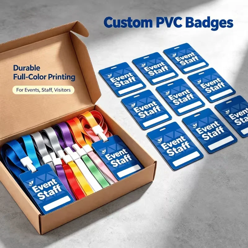 10-Pack Custom Printed Vertical PVC ID Card with Multi-Color Polyester Easy-Break Lanyard for Event Staff And Conference Volunte