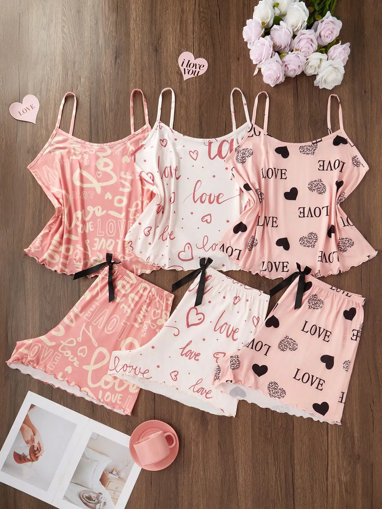 

6-Piece Love Print Camisole & Shorts Pajama Set with Bow Tie Detail