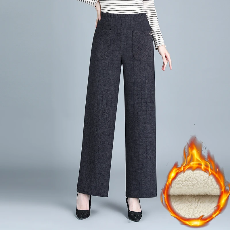 

Женские зимние теплые брюки в клетку размера плюс, эластичные широкие бархатные брюки с высокой талией, плотные мешковатые брюки из овечьей шерсти