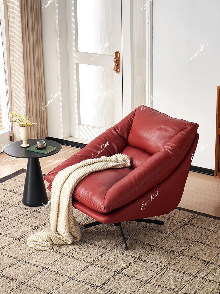 Premium first-layer cowhide sofa chair 360-degree rotating light luxury living room balcony leisure lounge chair