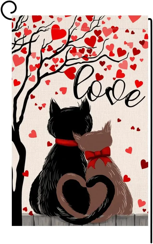 BLKWHT Valentines Cats Garden Flag 12x18 Vertical Double Sided Red Love Tree Spring Farmhouse Holiday Outside Decorations Burlap