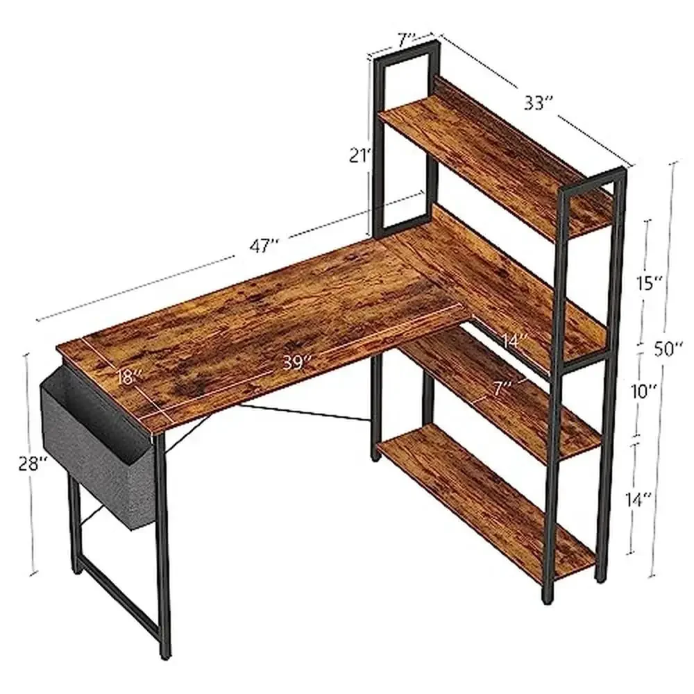 L Shaped Computer Desk with Bookshelf and Storage Bag – Space-Saving Home Office Writing Study Desk Brown Wood Top Metal Base