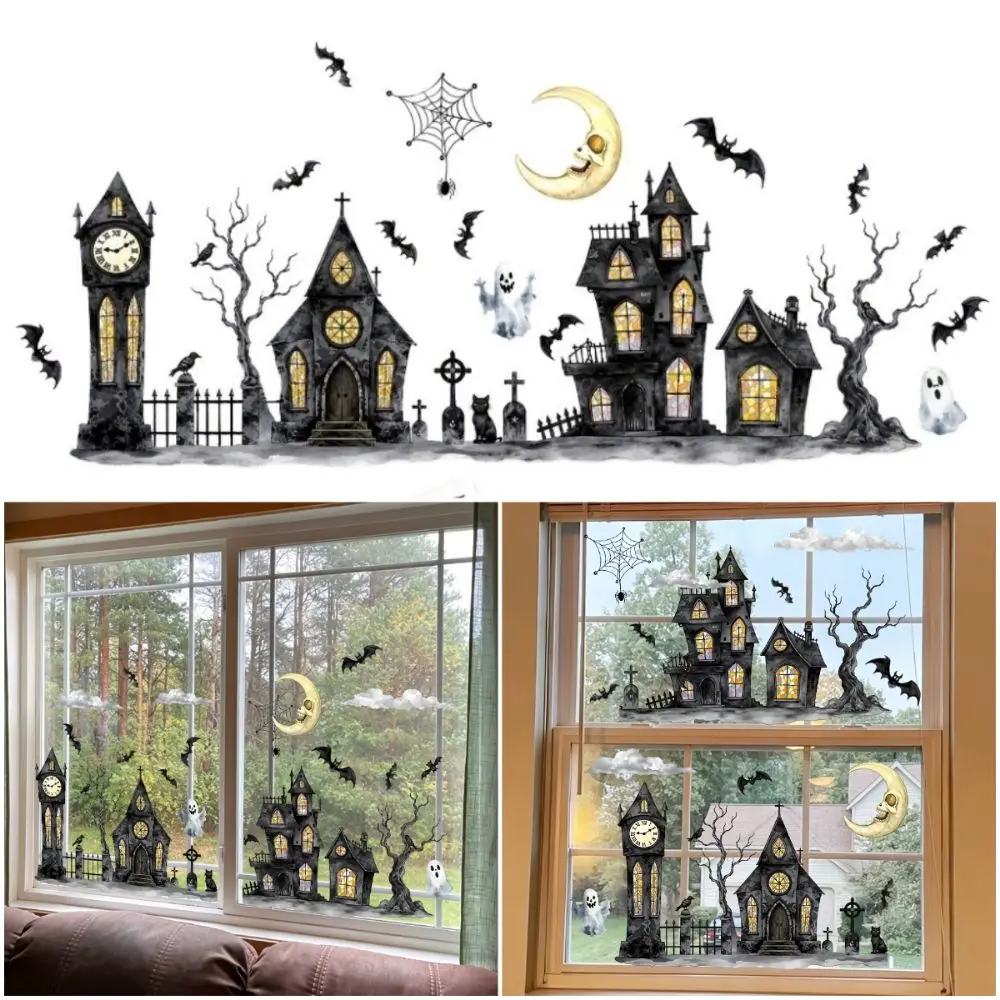 Cartoon Halloween Window Stickers Watercolor Double-Sided Adhesive Halloween Static Cling Reusable Ghost Town