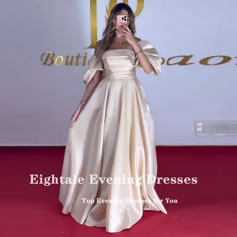 Eightale Champagne Evening Dresses Customized Pleats A-Line Short Sleeves Satin Arabic Prom Wedding Party Gown Vestidos De Gala