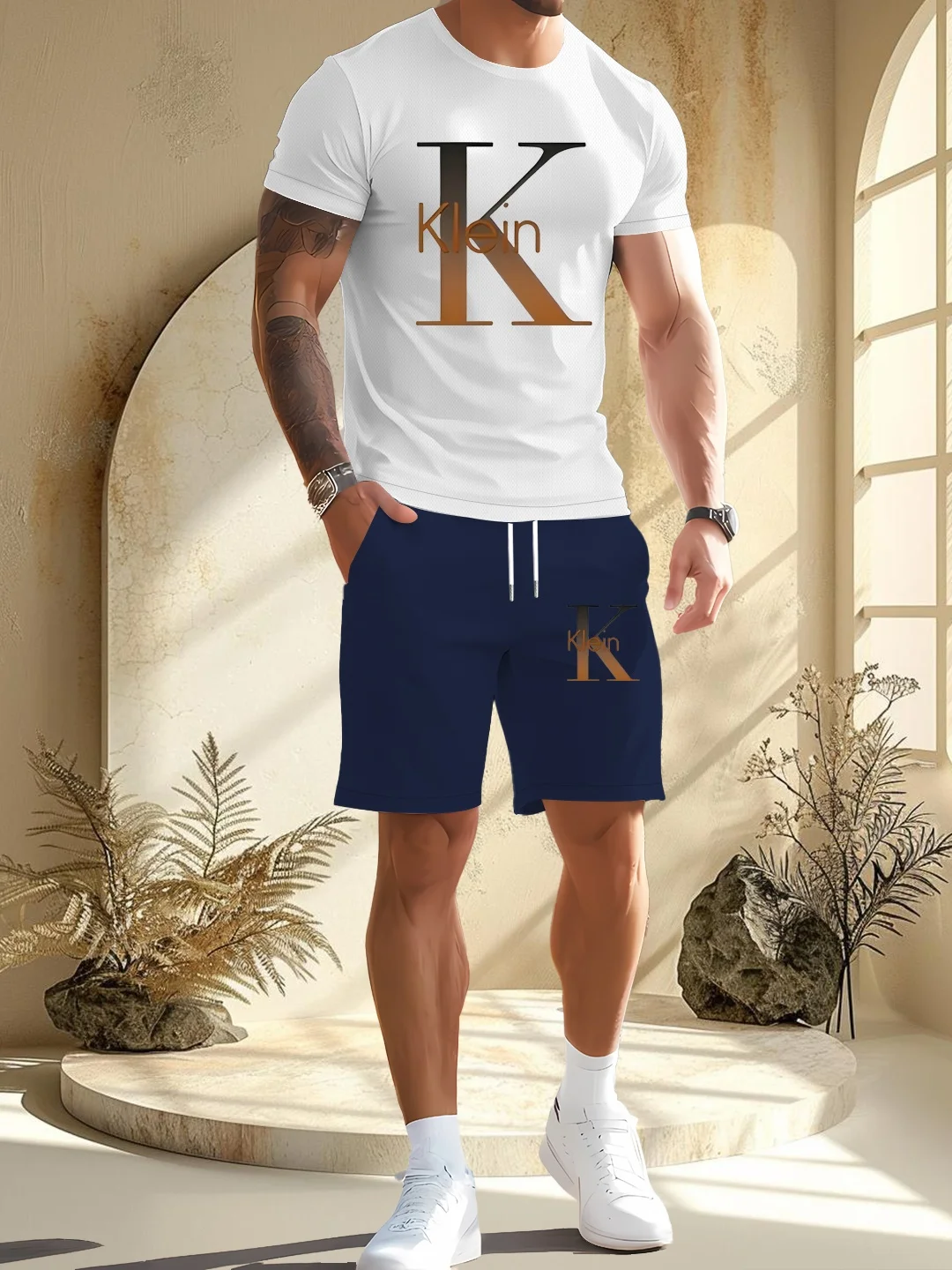 

Men's Summer Sports Suit Round Neck Short Sleeved T-shirt Five Quarter Shorts Slim Fit Fashion Two-piece Set Men's Clothing