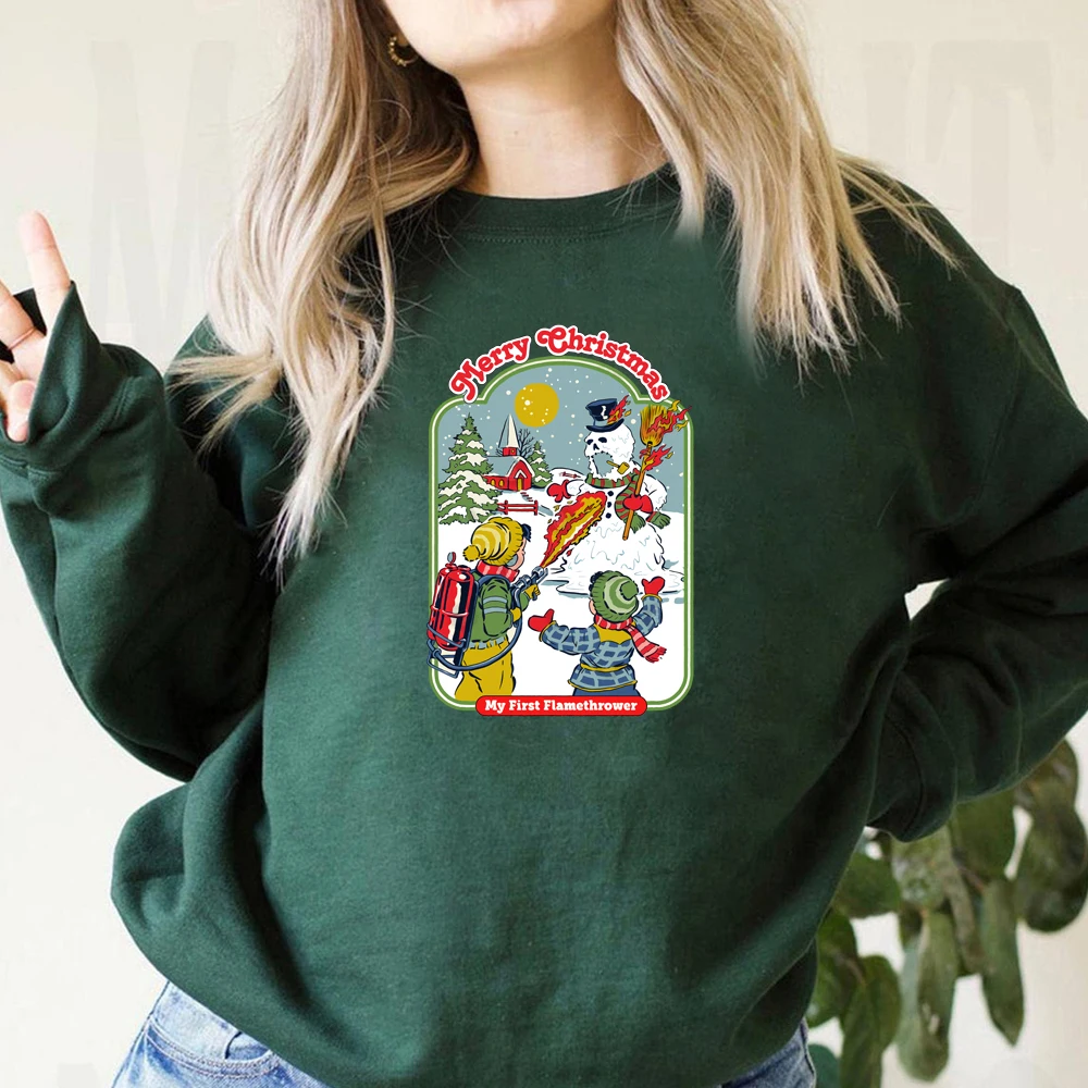 Merry Christmas Sweatshirt My First Flamethrower Santa Claus Hoodie Retro Christmas Hoodie Xmas Holiday Crewneck Sweatshirts