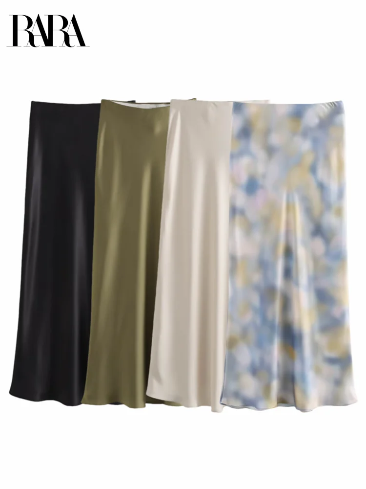 RARA 2025 ซาตินกระโปรงยาวผู้หญิง Draped เอวสูง Midi กระโปรงผู้หญิงฤดูร้อนตรงกระโปรงผู้หญิง Holiday Beach กระโปรงผู้หญิง