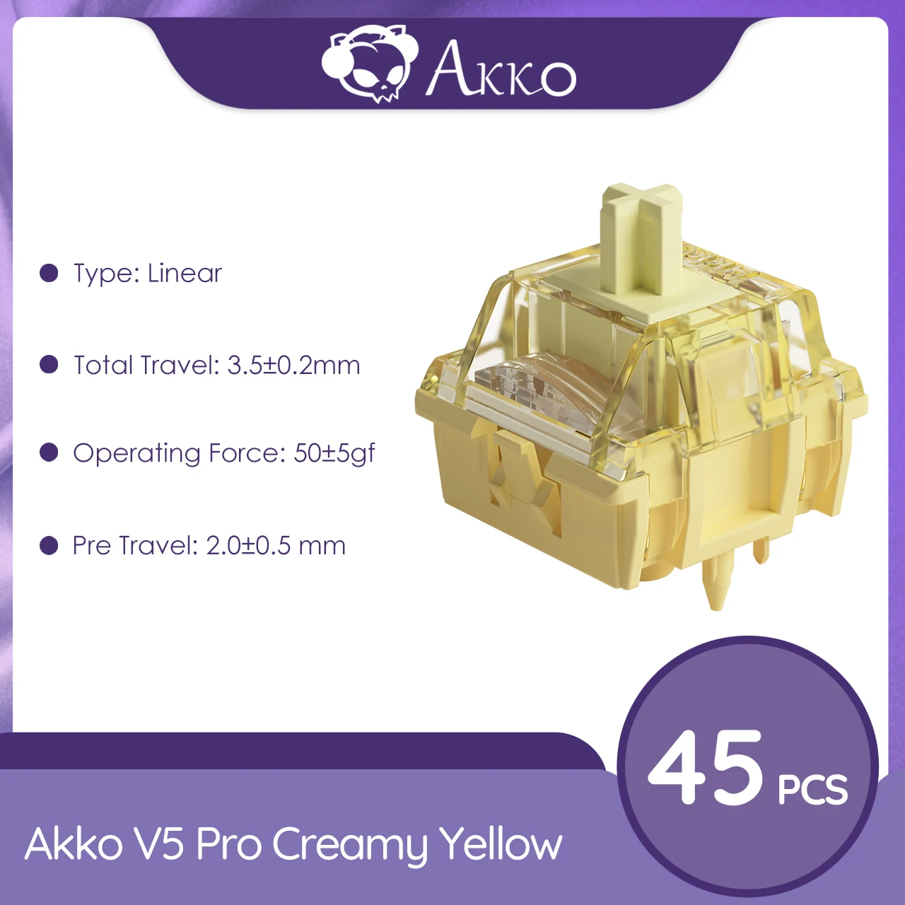 Akko V5 Pro Crème Gele Schakelaar 5Pin 50gf Thocky Lineaire Schakelaar Fabriek Gesmeerd Compatibel met Cherry MX Mechanisch Toetsenbord 45 stuks