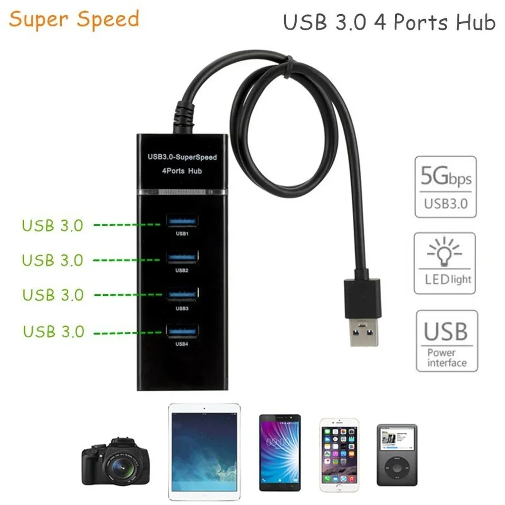 High Speed 4 Ports USB HUB 3.0 Adapter Expander Multi USB Splitter Multiple Extender with LED Lamp Power Adapter for PC Laptop