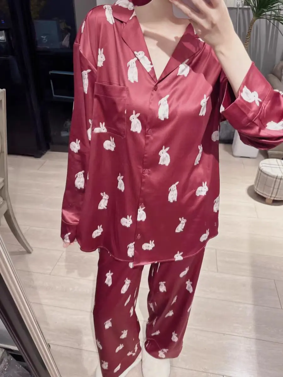 

Japan Style GP Chinese Rabbit New Year Silk Lounge Wear Pique Spring Autumn Sleepwear Pajamas