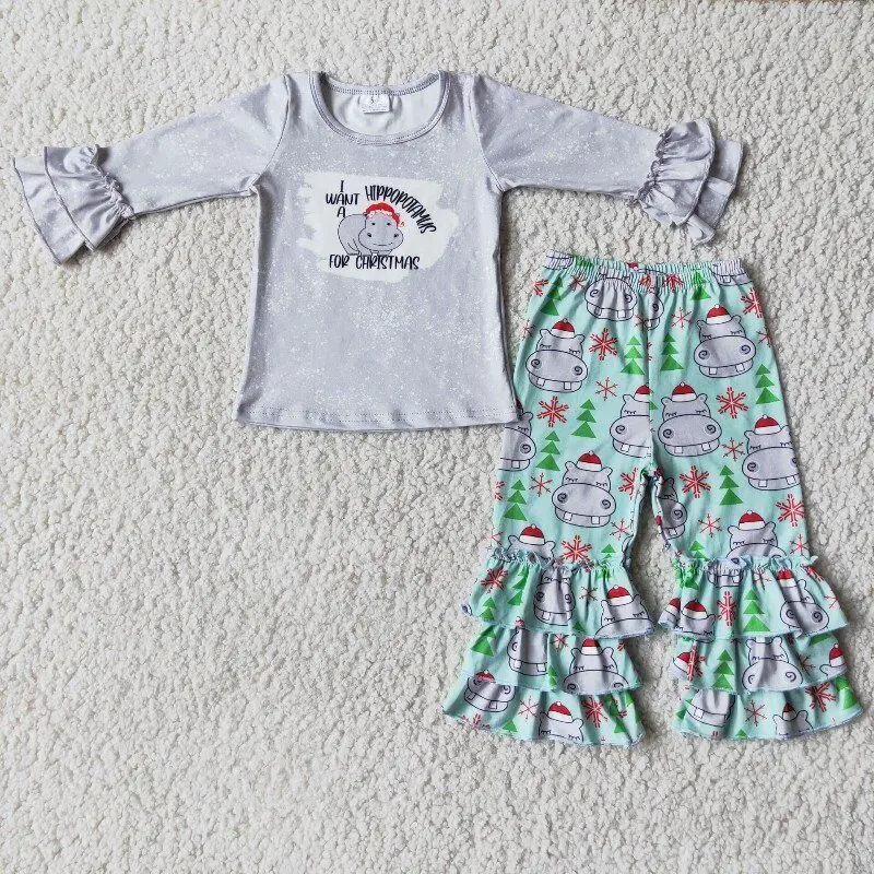 Wholesale Christmas Cute Hippo Gray Pleated Long Sleeved Top Green Ruffle Long Pant Outfit Girl Clothes
