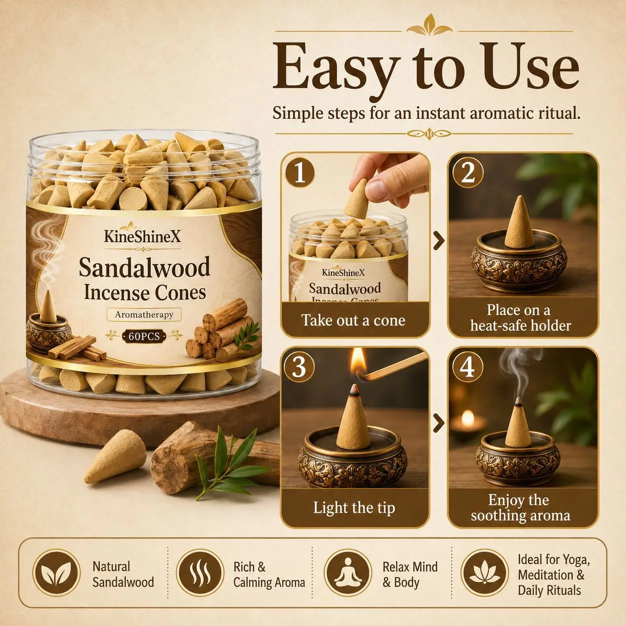 Sandalwood Incense Cones 60PCS–Natural Aromatherapy for Meditation,Yoga Relaxation,Woody Calming Scent,Long Lasting,Easy to Use