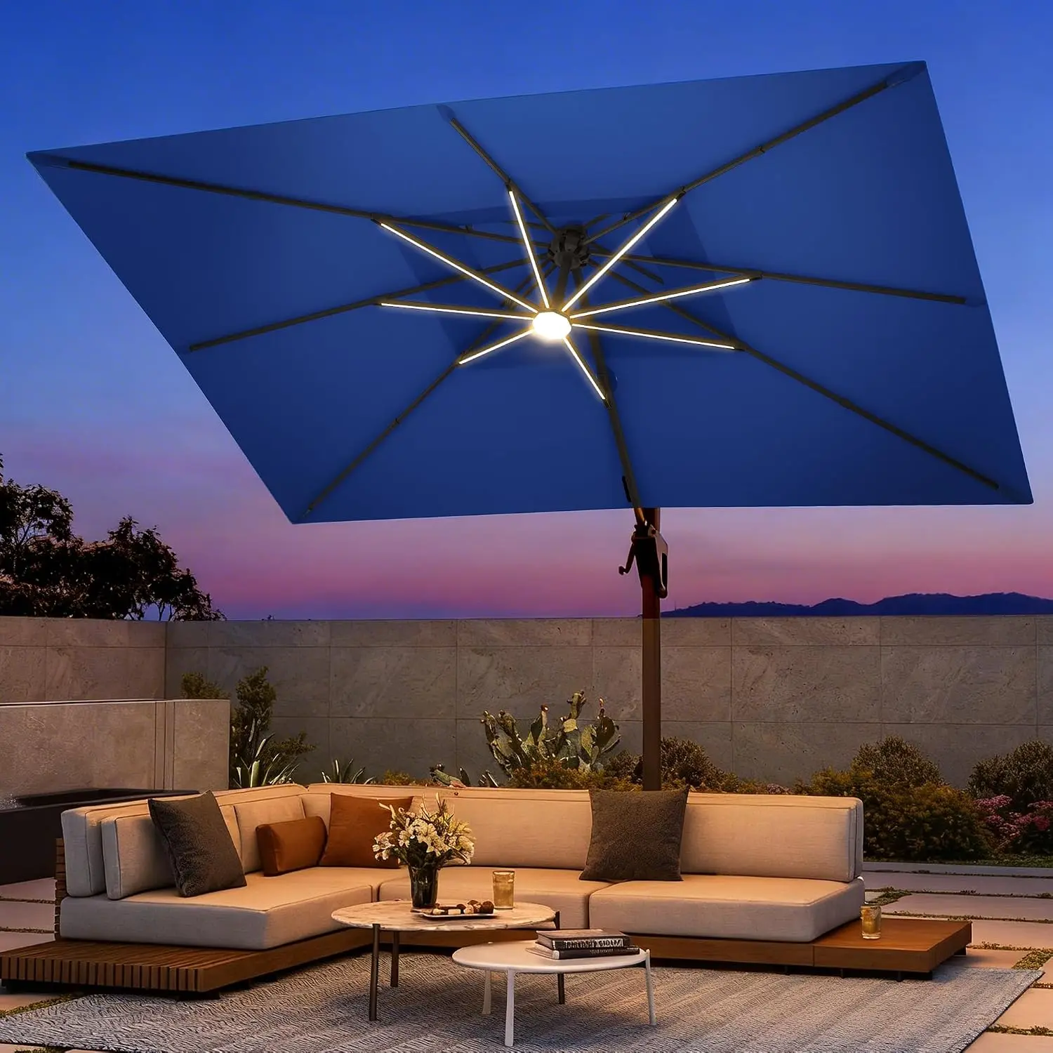 9X 12 FT Cantilever Patio Umbrella with Base and Led Lights, Customized