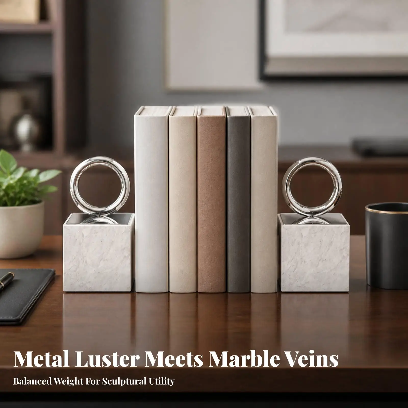 Decorative Metal Bookend for Shelves Marble Base Book Holder Sculpture for Desk Bookcase Organizer Art Piece