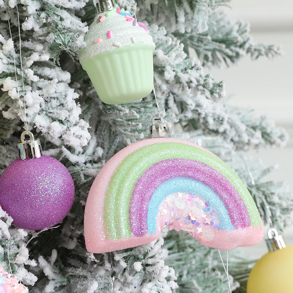 3/46Pcs/Box Macaroon Colorful Christmas Ball Foam Ice Cream Donuts Cake Rainbow Xmas Tree Balls Hanging Ornaments New Year Decor