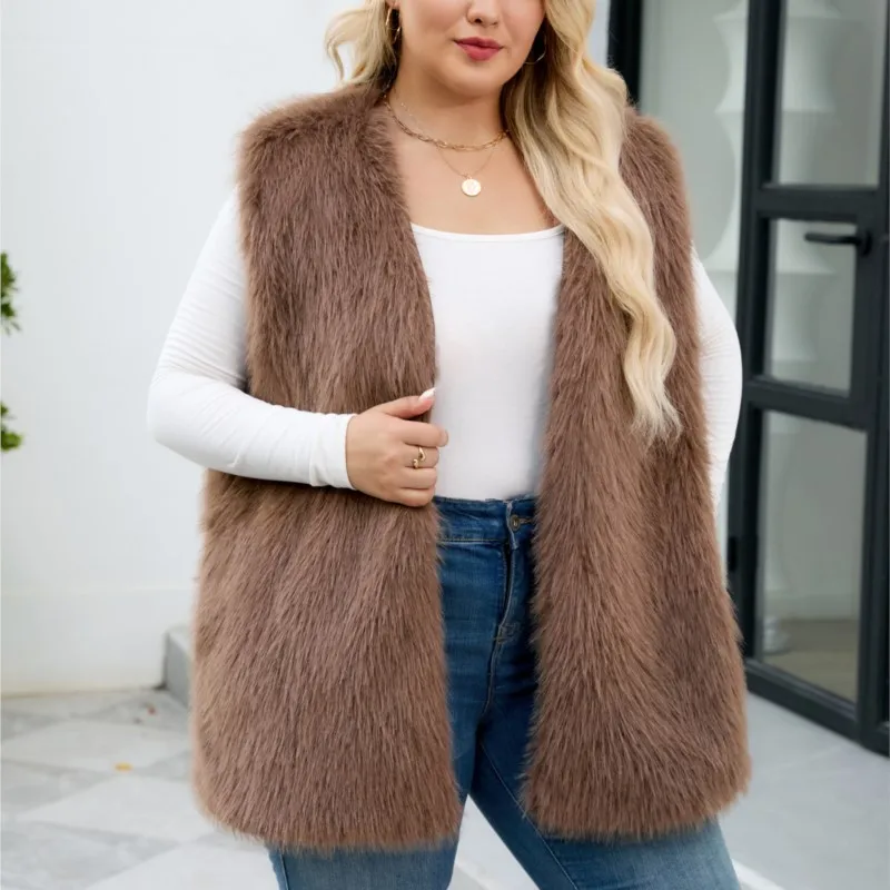 

2025 зимний утепленный теплый жилет свободного размера, куртки без рукавов с мехом, пушистые длинные пальто, верхняя одежда, женский жилет из искусственного меха с v-образным вырезом в стиле ретро
