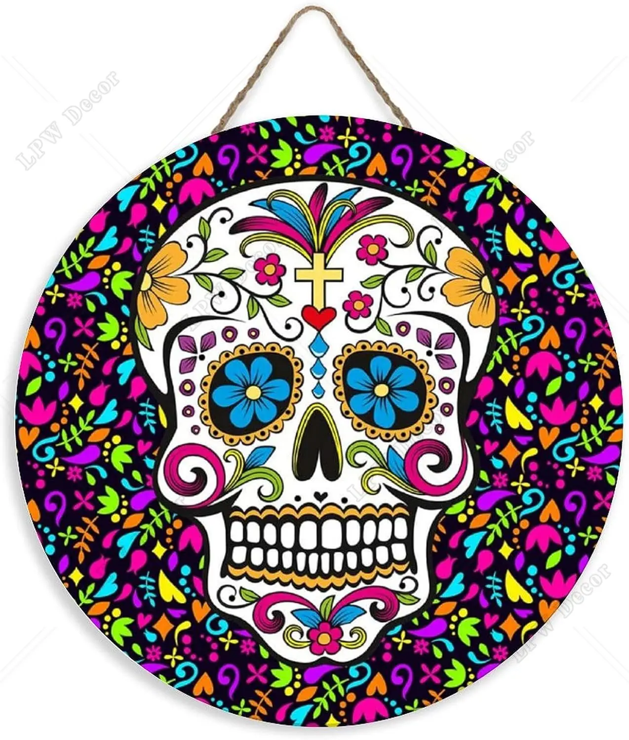 Colorful Sugar Skull Circle Wood Sign Dia De Los Muertos Halloween Wall Art Home Decoration for Front Door Garden Porch