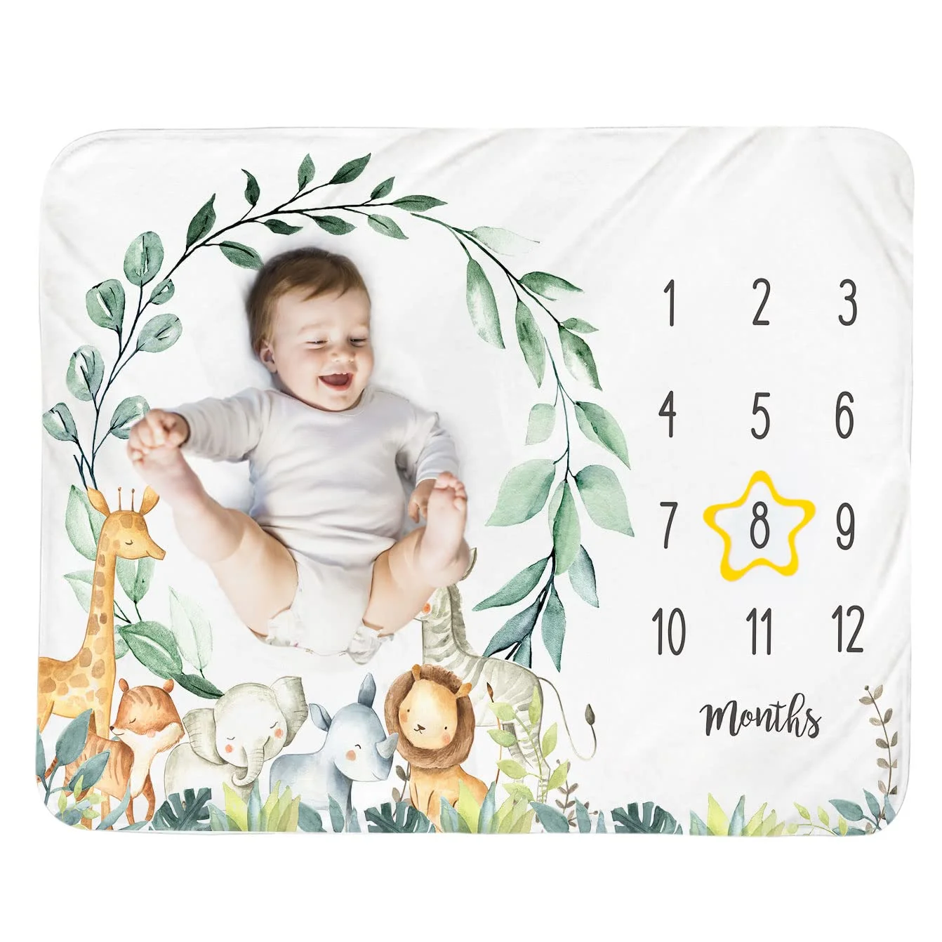 VIKAMA Baby Growth Record Blanket with Forest Animal Garland Ideal Newborn Gift for 100-Day and First Birthday Celebrations