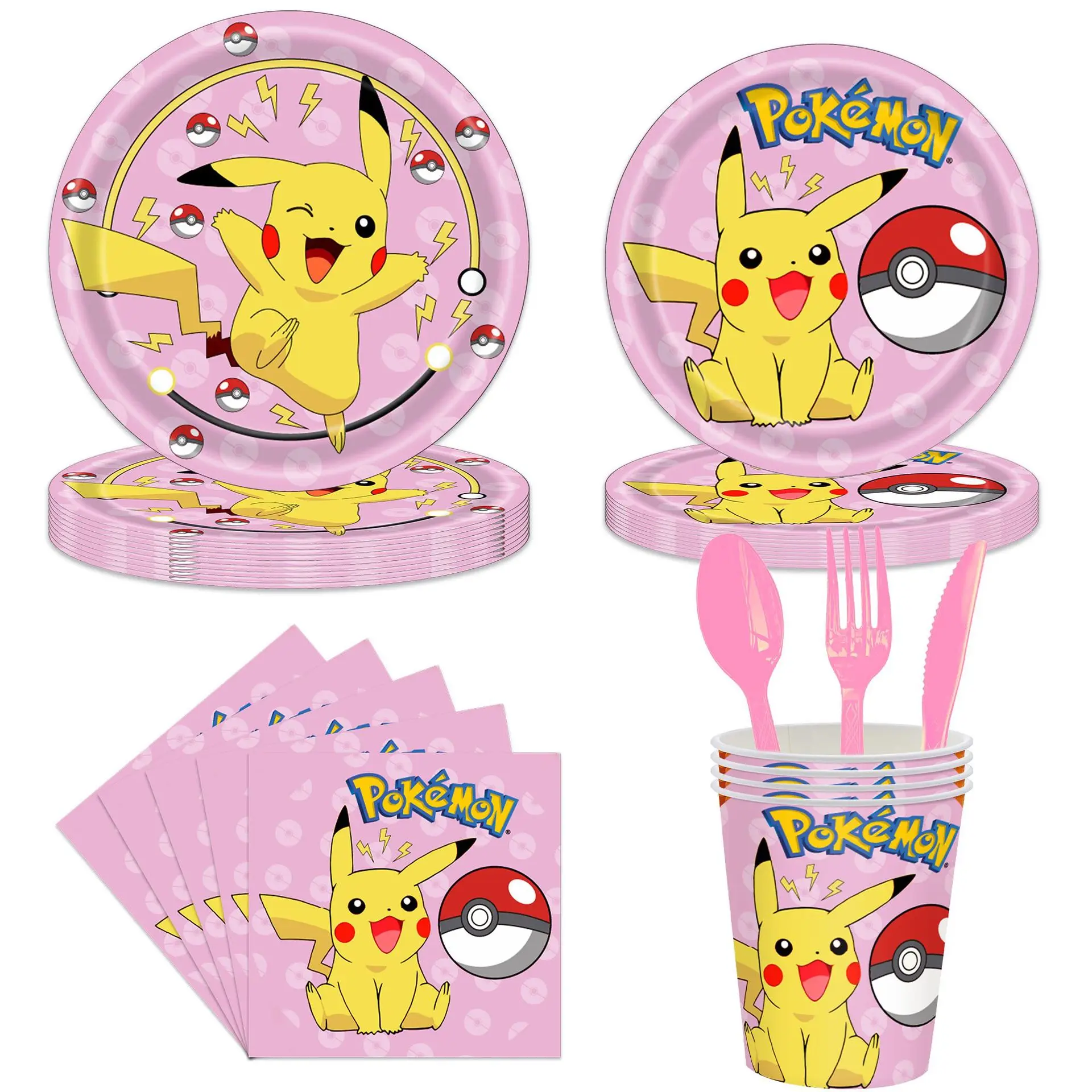 Pink Pokémon Birthday Party Decorações, balões Pikachu Foil, louças descartáveis, prato, guardanapo, pano de fundo para crianças, suprimentos para