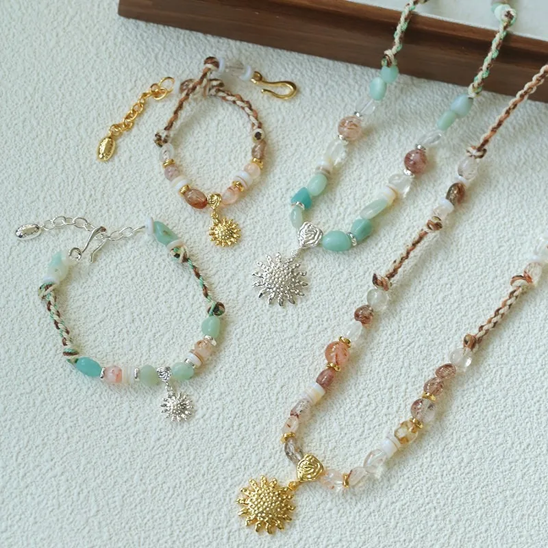 

Новый дизайнерский отпуск Солнце Позолоченный кулон Красочные хрустальные бусины Женское ожерелье Браслет Роскошный комплект ювелирных изделий из драгоценных камней