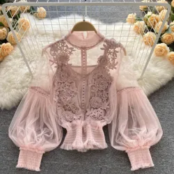 Elegant Lace Gauze Patchwork Long Sleeve Blouse Chic Vintage Korean Fashion Crop Top Women Autumn Shirts Gothic Clothing