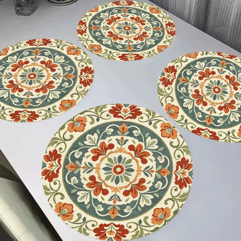 VIKAMA Warm Orange Radiant Sun Geometric Circle Linen Mat Thermal Insulation Wear resistant Table Mat Desktop Decoration