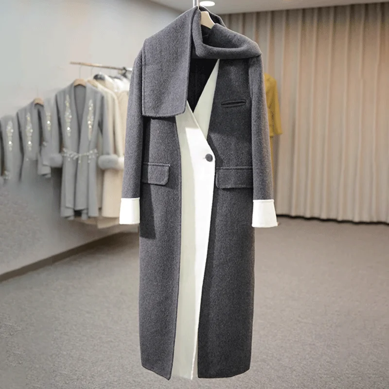 Contrast Stitching Double-Sided Woolen Jacket Women Overcoat Autumn Winter New Scarf Collar Fake Two Long Loose Wool Windbreaker