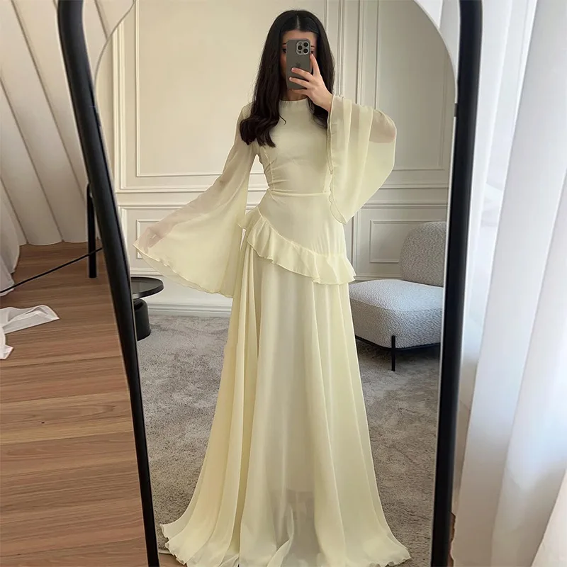 Women Solid Ruffle Chiffon Long Dress Elegant O-Neck Flare Sleeve Slim Maxi Dress 2026 New Lady Wedding Guest Evening Party Robe
